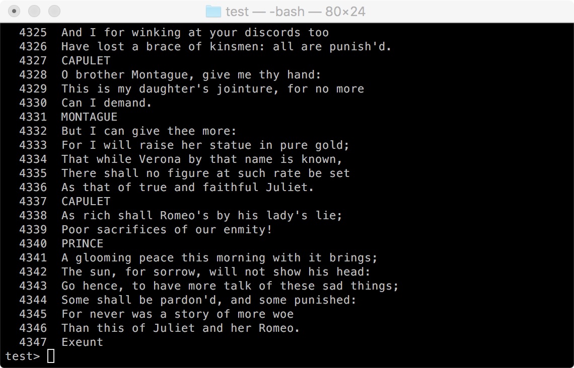 The results of using cat -n on
				     Romeo and Juliet